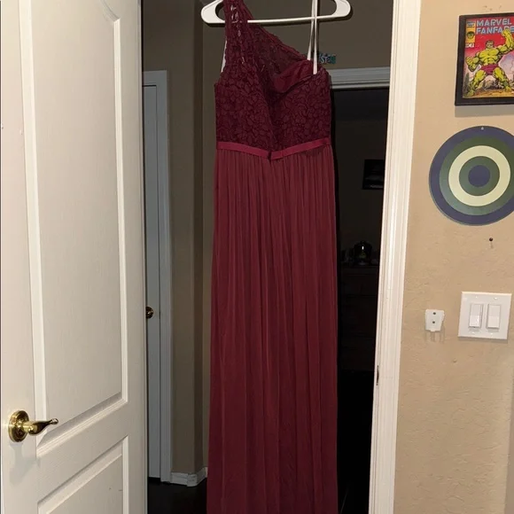 David's Bridal One-Shoulder Lace Dress in Burgundy - Picture 3 of 6
